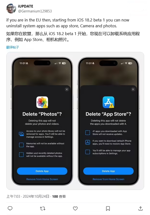 甘南苹果手机维修分享iOS 18.2 支持删除 App Store 应用商店 