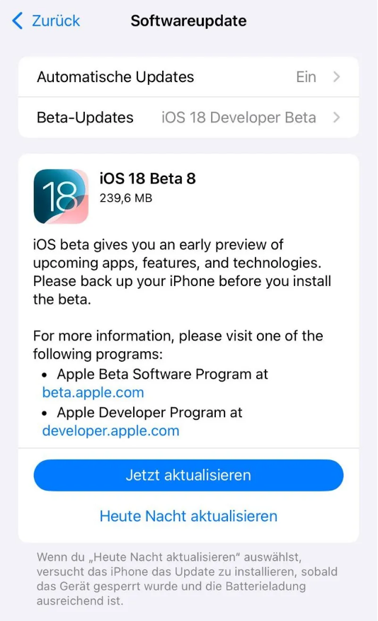 甘南苹果手机维修分享苹果 iOS / iPadOS 18 开发者预览版 Beta 8 发布 